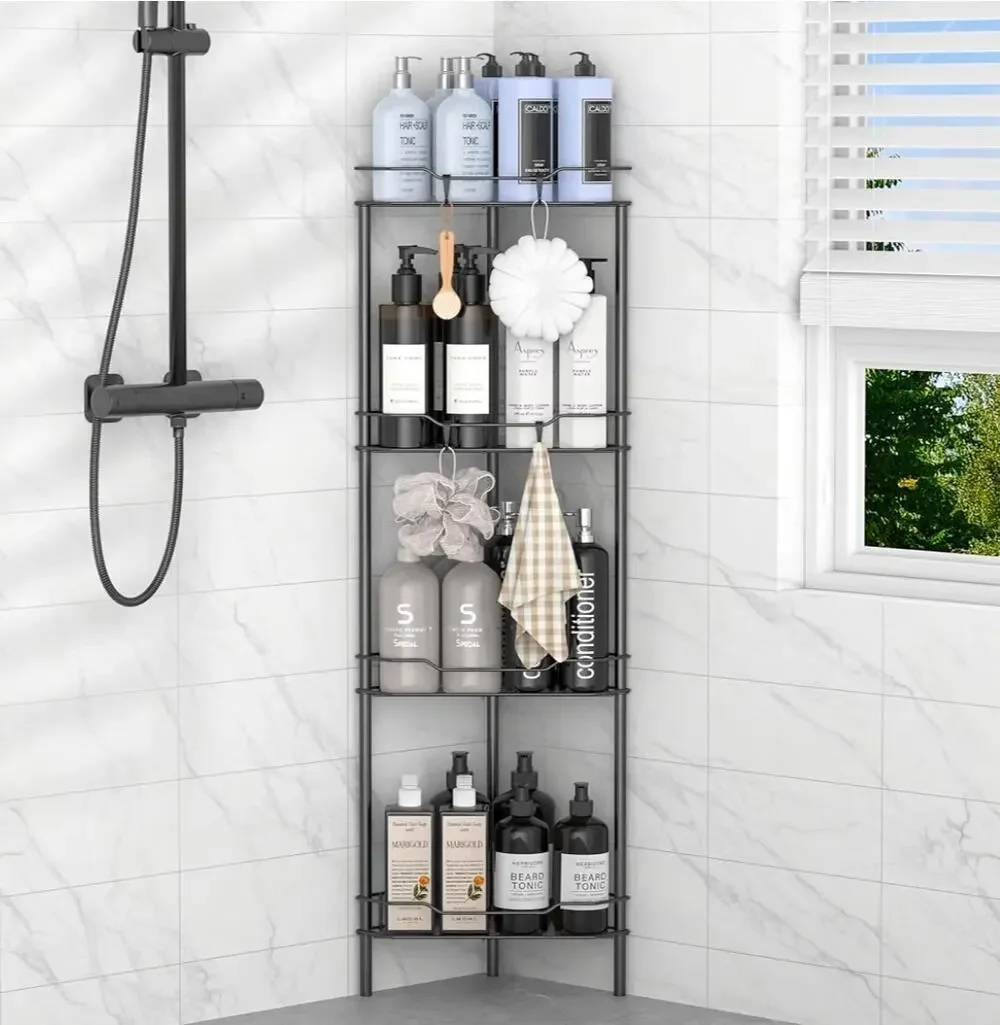 4 Tier Floor Standing Corner Shower Caddy Organizer Shelf with Hooks, Black